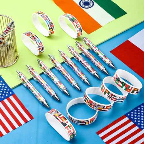 144 Pcs Around the World Party Favors International Flag Retractable Pens Country Flag Rubber Bracelets Multicultural Classroom Christmas Holiday Around the World Decorations