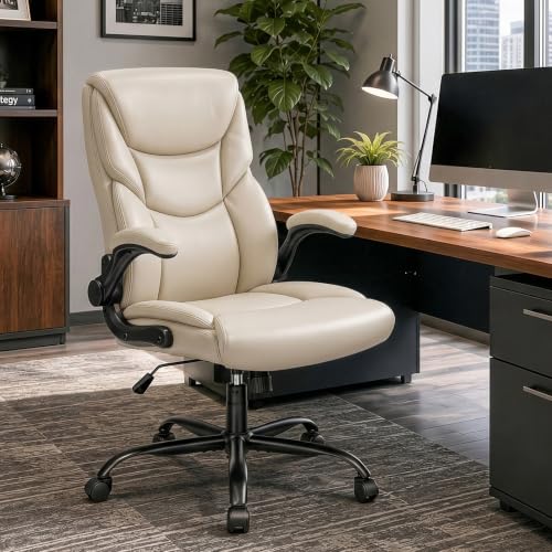 Beige Sweetcrispy High Back Desk Chair with PU Leather, Ergonomic Office Chair
