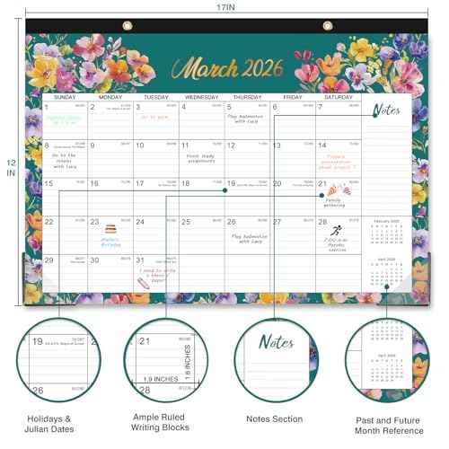2026 Desk Calendar - Desk Calendar 2026, Jan 2026 - Dec 2026, 12 Months Calendar 2026, 17" x 12", Desktop/Wall Monthly Calendar for Home School, or Office - Floral Pattern