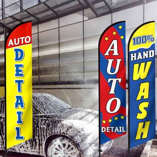 3 Pack Car Wash Sign Feather Flag 12 x 2.5 ft Auto Detail Hand Wash Windless Flags Large Advertising Feather Flag for Business Advertising