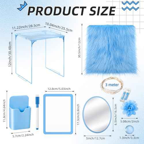 Patelai 12 Pcs Locker Accessories Kit Included Locker Shelf Magnetic Mirror Pen Holder Whiteboard Marker Faux Fur Rug Light String and Magnet for Back to School Essentials(Blue)