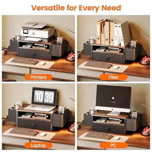 Desk Organizers and Accessories, 3-Tier Computer Monitor Stand Riser with Fabric Drawer & 6 Pen Holder, Office Desk Accessories Workspace Desktop Organizer for Office Supplies, Rustic Brown