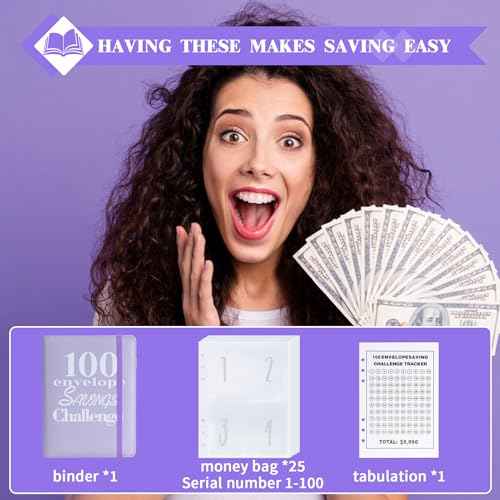 100 Envelopes Money Saving Binder A5 Savings Challenge Book (Purple)