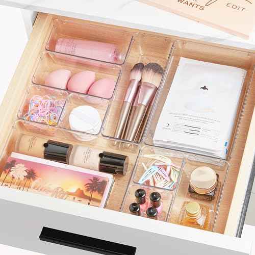 Vtopmart 44 PCS Clear Plastic Drawer Organizers Set, 4-Size Versatile Bathroom and Vanity Organizer Trays, Non-Slip Storage Containers for Makeup, Jewelries, Bedroom£¬Kitchen Utensils and Office