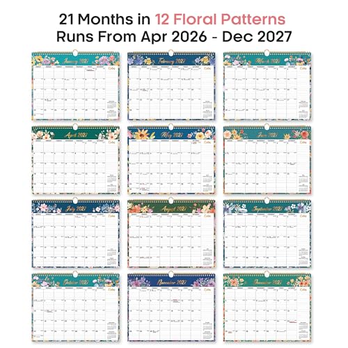Taja Floral 2026-2027 21-Month Wall Calendar April to December 2027, 14.7x11.5 Inches