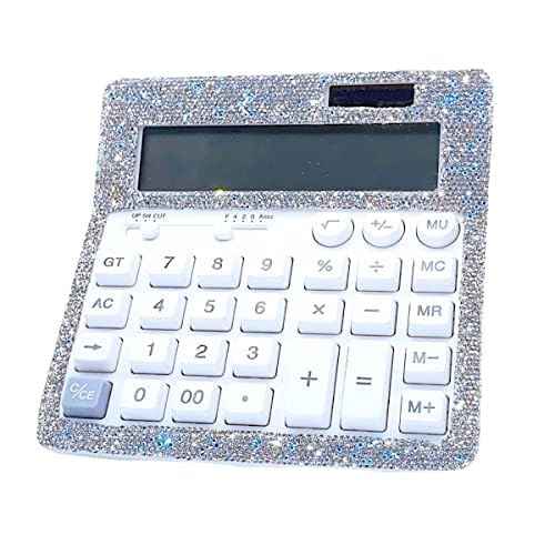 Rhinestone Crystal Calculator - Standard Desktop Calculator with 12 Digit LCD Display, Battery & Solar Powered, Bling Design for Women & Girls (White)