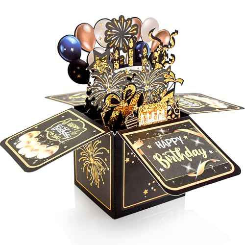 Surprise Pop Up Happy Birthday Cards, Lovely 3D Birthday Card for Adults and Kids with Envelopes, Unique Design Handmade Foldable Greeting Cards for Daughter, Son, Mom, Dad, Friend£¨Black£©