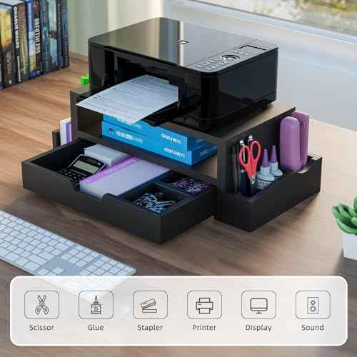 Simple Trending Monitor Stand Riser and Computer Wood Desk Organizer with Drawer and Pen Holder for Laptop, Computer, iMac, Black