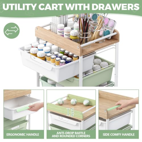 SYKIARIOL Green 4-Drawer Rolling Storage Cart with Wooden Top, Multi-Use Organizer