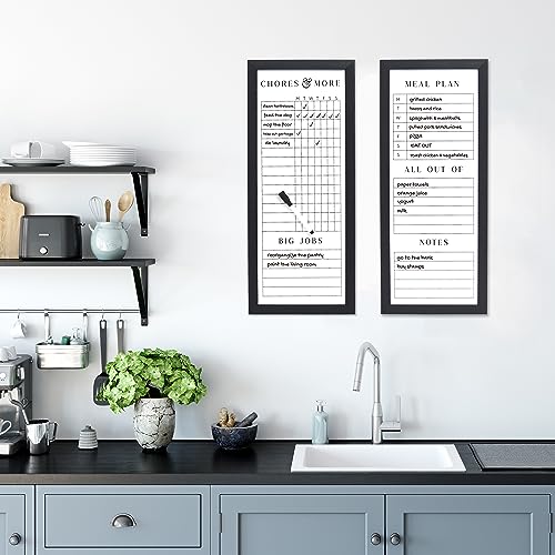 Sheffield Home Set of Two Family Planner Dry Erase Boards Featuring, Chore Chart, Shopping List, Weekly Meal Planner and Notes, 9x21 Inch, Black