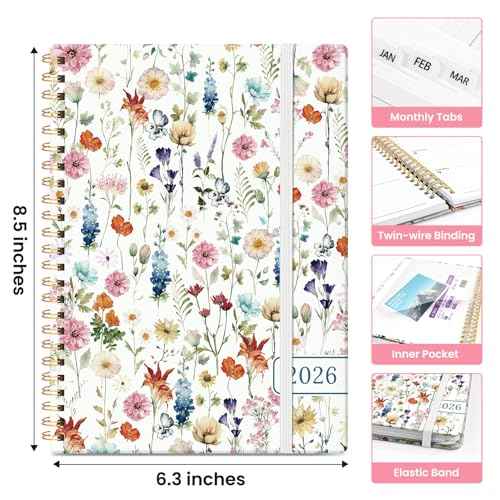 2026 Planner, Weekly and Monthly Calendar Planner for Women, Jan 2026 - Dec 2026, Hardcover Planning Agenda book with Tabs, Spiral Bound, Inner Pocket, Perfect for School Office Supplies, 6.3" x 8.5" - Wildflowers