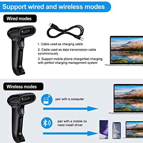 Symcode Bluetooth Barcode Scanner Handheld USB CCD Cordless Barcode Reader Scanner Compatible with 2.4G Wireless & Bluetooth Function & Wired Connection with Windows, Mac,Android, iOS