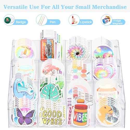 Sticker Display Stand for Vendors - 4 Tier 16 Pockets Acrylic Sticker Holder Display For 4'' Large Stickers, Sticker Organizer Shelf Ideal for Small Business Supplier Events and Trade Shows
