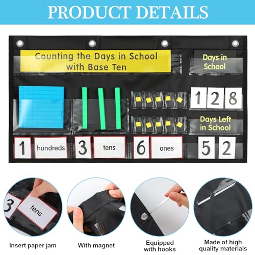 Resurhang Counting the Days in School Pocket Chart with Base Ten - Black/Classic Style