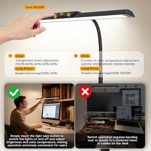 MOICO 12.8in Black LED Desk Lamp with Clamp, Dimmable & Eye-Friendly