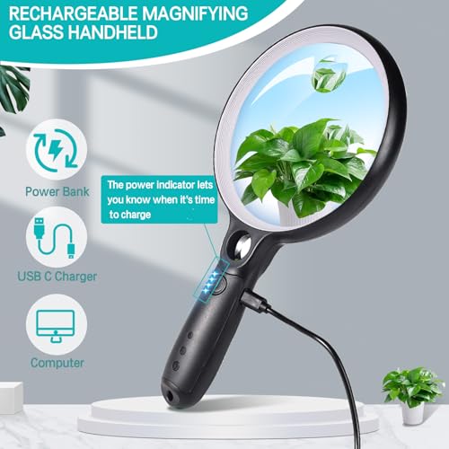 GABORISH Large Magnifying Glass with 37 LED Light, 10X 20X 45X, No Case, White & Black