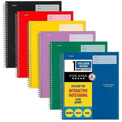 Five Star Interactive Notetaking Spiral Notebooks, 6 Pack, 1 Subject, College Ruled Paper, 11" x 8-1/2", 100 Sheets, Assorted Colors (820019-ECM)