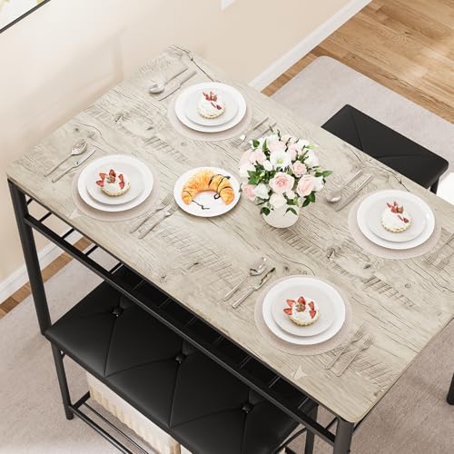 IDEALHOUSE Dining Table Set for 4 in Gray — Upholstered Benches & 2 Stools, Small Space Kitchen & Dining