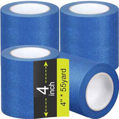 Fainne 4 Rolls Blue Painters Tape Bulk Multi Pack Safe Paint Paper Masking Tape for Wall Painting Decoration Supplies (Blue,4 Inch X 55 Yards)