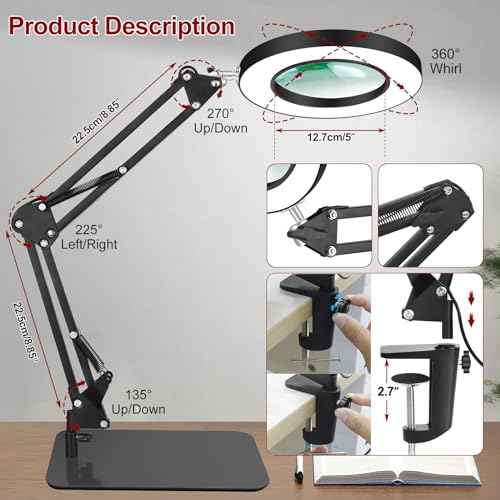 12X Magnifying Glass with Light and Stand, Magnifier with Light Hands Free, 5 Color Modes LED Work Lighted, 2-in-1 Magnifying Lamp for Reading Craft Hobby Painting Sewing Close Work