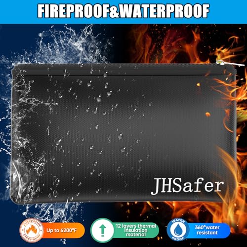 JHSafer Black 11"x6.3" 6400°F Fireproof Money Bags with Zipper (Set of 2)
