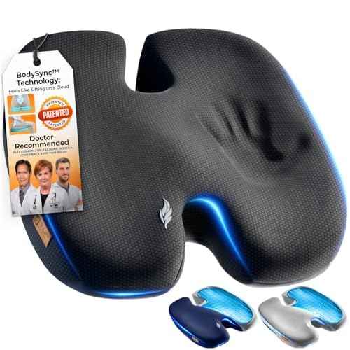 Seat Cushion, BodySync¢â Technology with Non-Slip Gel & Memory Foam for Tailbone, Sciatica & Back Pain Relief, Office Chair Cushion, Car Seat Cushions for Driving (Black)