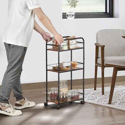 FULITE 3-Layer Narrow Storage cart£¬A Rolling car with Wheels£¬Steel Frame,Kitchen£¬Restaurant£¬Multi Functional Trolley£¨Black and Brown£©