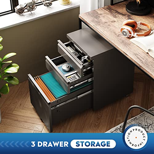 DEVAISE Black 3-Drawer Mobile File Cabinet with Lock - 17"D x 15"W x 24"H, Under Desk Office Storage