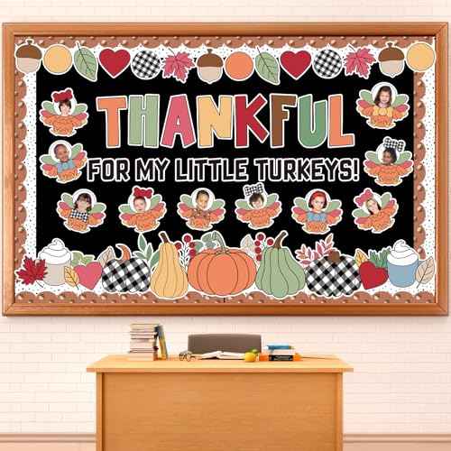Thanksgiving Turkey Bulletin Board Set Fall Photo DIY Turkey Classroom Decorations Thankful for Our Little Turkeys Cutouts Autumn Leaves Pumpkin Borders for Door School Home Thanksgiving Wall Decor
