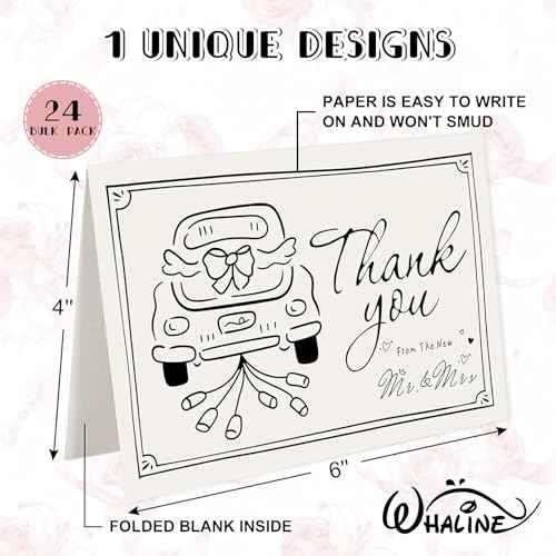 Whaline 24 Pack Wedding Thank You Cards Black The New Mr & Mrs Car Cake Thank You Greeting Note Cards with Envelope Sticker for Bridal Shower