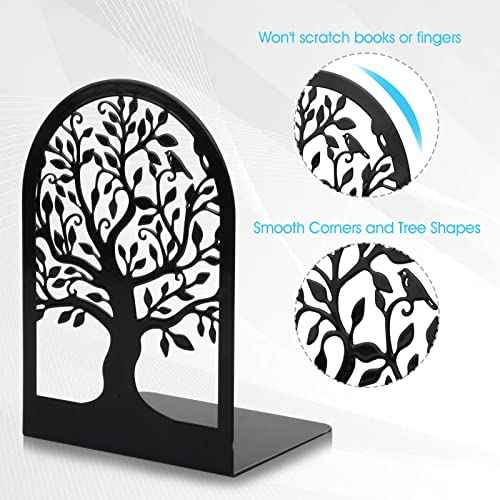 HappyHapi Book Ends, Metal Bookends for Shelves Decorative, Tree Stopper for Heavy Books, Black Ends to Hold Books for Home Office, 6.5 X 4.7 X 3.5 Inch(3 Pairs/6 Pcs, Large)