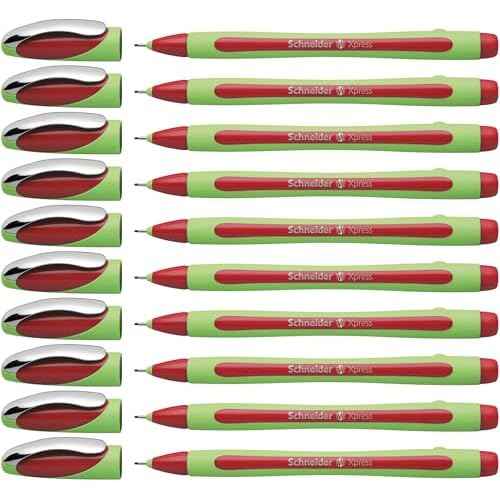 Schneider Xpress Premium Fineliner, 0.8 mm Porous Point, Light Green Barrel, Red Ink, Box of 10 Pens (190002)
