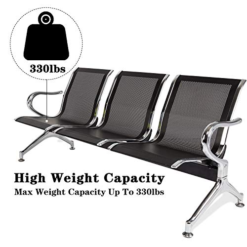 Buenotoys 3-Seat Waiting Room Bench with Arms, Black Mesh Back - Reception/Lobby Chairs