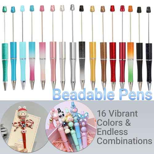 Beadable Writing Pens for Crafting 16-Color DIY Customizable Pen Set for School, Office & Creative Gifts | Smooth Writing, Stainless Steel Shaft, Interchangeable Ink Refills