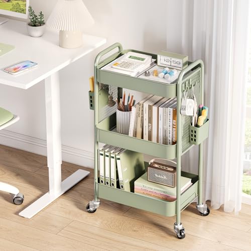TOOLF Green 3-Tier Rolling Metal Storage Cart with Pegboard & Lockable Wheels