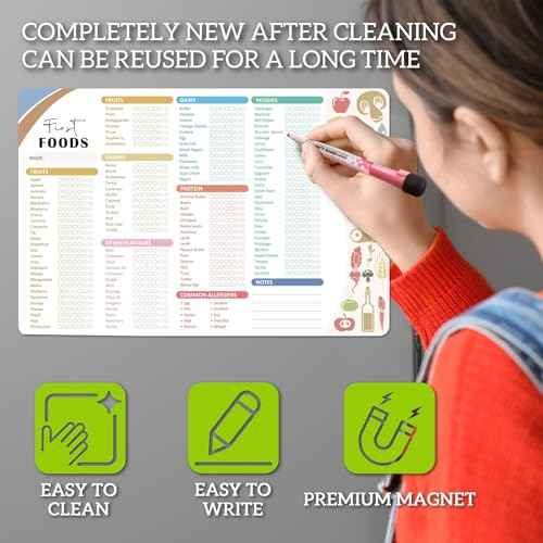 BIROYAL Baby First Foods Tracker Fridge Magnet, Led Weaning Supplies, 12"x8" Dry Erase Daily Food Log, 101 Foods Checklist Before One, Baby Feeding Essentials