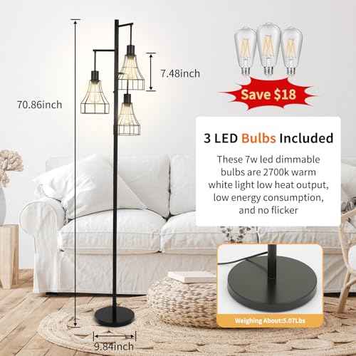Dimmable Floor Lamp,70¡¯¡¯ Farmhouse Rustic Standing Tree Lamp with 3 LED Edison Bulbs,Industrial Modern Tall Lamp with Elegant Cage for Living Room Corner Bedroom Office Reading