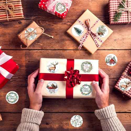 Christmas Stickers, 500 PCS Merry Christmas Stickers Roll, Round Self Adhesive Seals Label Sticker Decals for Xmas Holiday Seals Cards Gift Envelopes Crafts Present Box Decoration (8 Designs, 1 Inch)