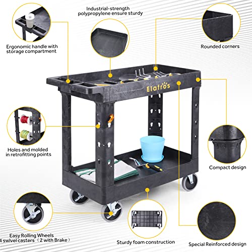 ELAFROS 2-Tier Utility Rolling Cart with 4 Swivel Casters, Black, 34x17in, 550lb Capacity