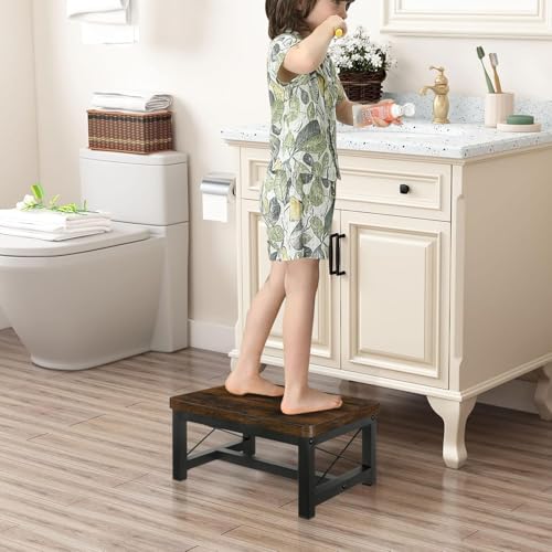 YINMIT Rustic Brown 1 Tier Wooden Step Stool Heavy Duty 500 lb Load Capacity