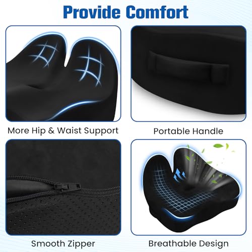 DailyCuddles Large Black Memory Foam Seat Cushion with Rabbit Ear Edges, Office Chair Pad