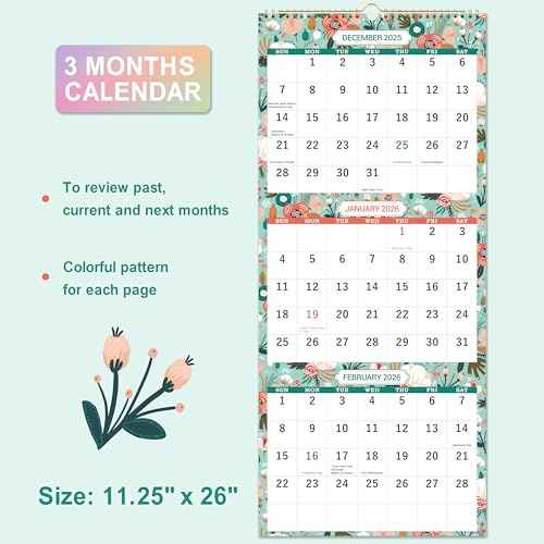2026 Wall Calendar - Jan. 2026 - Dec. 2026, 3 Month Wall Calendar Display (Folded in one Month), 11.25" x 26", 3 Month Calendar 2026