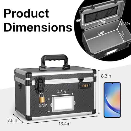 Medication Lock Box, Lockable Storage Box with Dual Locks (Combination & Padlock), Lockbox with Shoulder Strap & ID Label Slot, for Valuables and Medicine(13.4 x 7.5 x 8.3 Inch, Black)