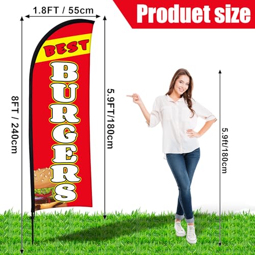 Buryeah 2 Sets Burgers Open Feather Flag for Business Advertising 8 ft Feather Flag Sign with Flagpole Ground Stake Portable Bag Burgers Banner for Outside (Red)