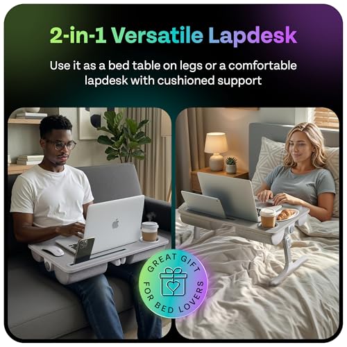 Gray Foldable Bed Desk with Legs & Cushions - 2-in-1 Laptop & Bed Tray for Adults