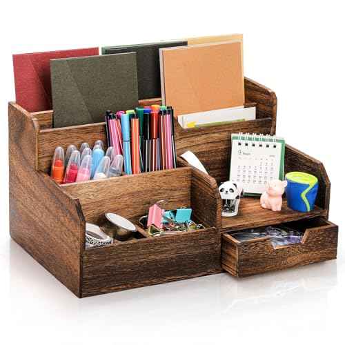 Brown Wooden Mail Organizer, Desk Organizer with 7 Compartments and Drawer, Rustic Mail Sorter with Pen Holder, Tabletop Mail Basket, Office Accessories Holder for Pen File Letter Document