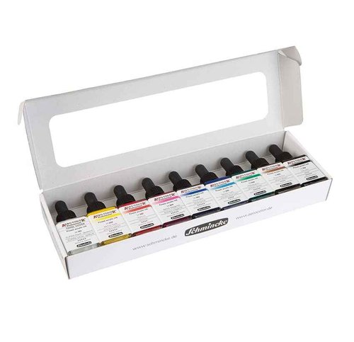 Schmincke - AERO COLOR Professional BASIC colors, 9 x 28 ml, 81 108 097, fine liquid and highly lightfast acrylic colors, airbrush, acrylic painting, mixed media techniques, acrylic ink.