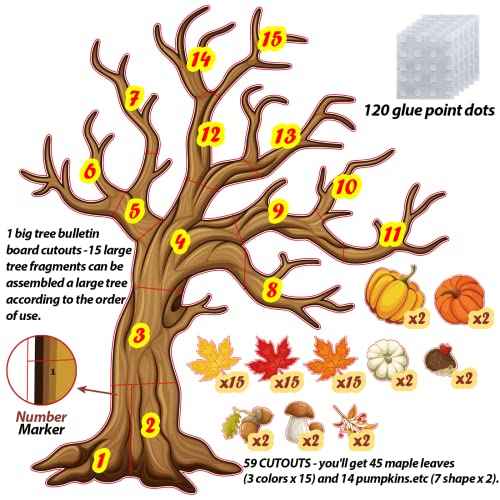 4Ft Big Tree Bulletin Board Set Spring Fall Summer Tree Bulletin Board Decoration with Maple Leaves Butterflies Pumpkins Cutouts for Classroom Home Chalkboard Wall Decoration, 74Pcs (Maple Leaves)