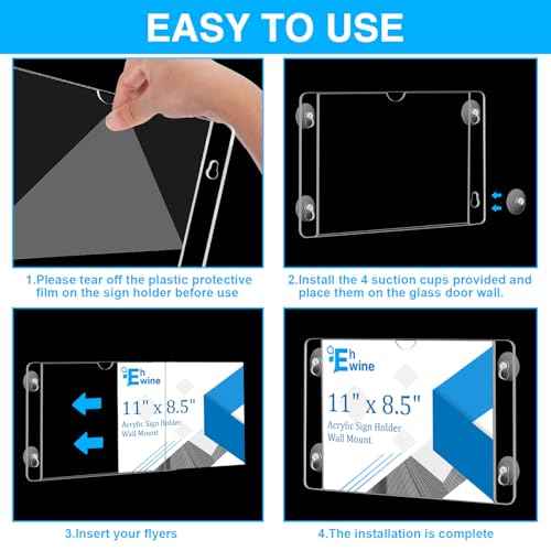 EHWINE 8 Pack Acrylic Window Sign Holder 8.5¡¿11 Horizontal with 4 Suction Cups, Clear Acrylic Frames Wall Mount Advertising Signage Sign Holder for Store, School, Office, Home