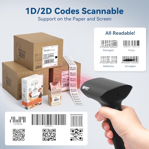 iDPRT Bluetooth 1D 2D QR Barcode Scanner, Wireless Barcode Scanner, Handheld UPC EAN Label Screen Reader with Dongle, Android Windows, USB Wired, Rechargeable for Retails Supermarket Warehouse Library